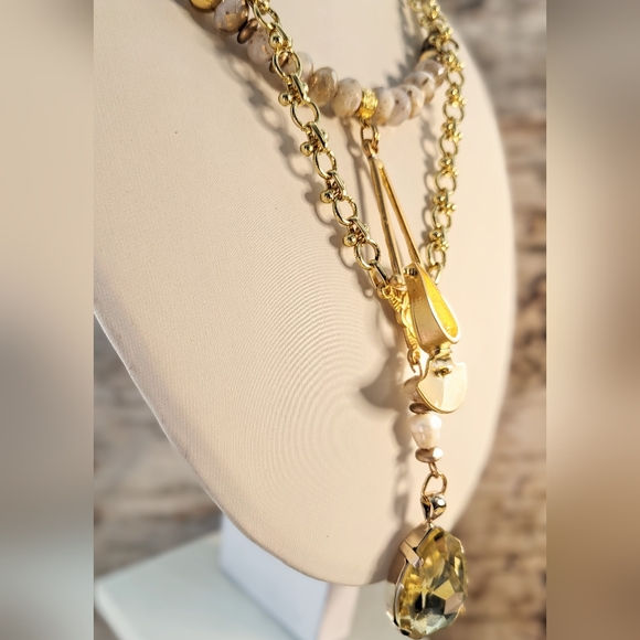 Artisan White & Gold Rustic Crystal & Glass In Two Strand Necklace W/ Pendants - Picture 5 of 12